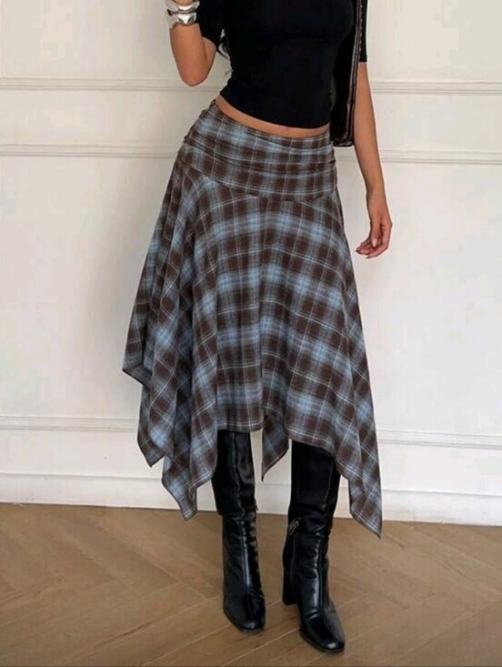 Dresses & Skirts - Women's Retro Blue Plaid Cotton Midi Skirt,Asymmetrical Hem High Low Chec